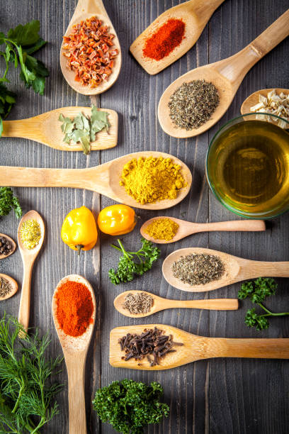 istock Various spice on wooden spoons with herbs 653257884