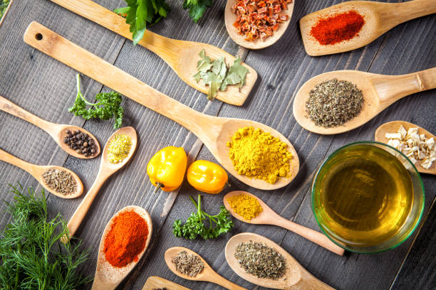 istock Various spice on wooden spoons with herbs 653257954