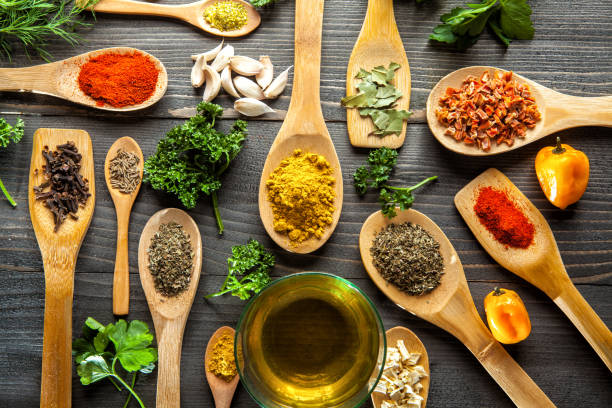 istock Various spice on wooden spoons with herbs 653258060