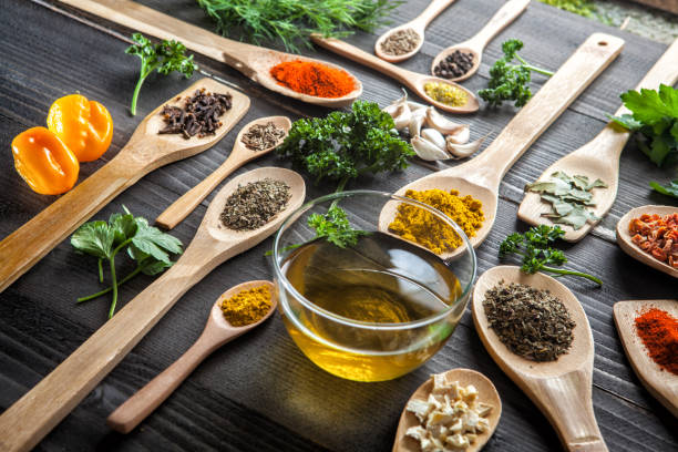istock Various spice on wooden spoons with herbs 653258066