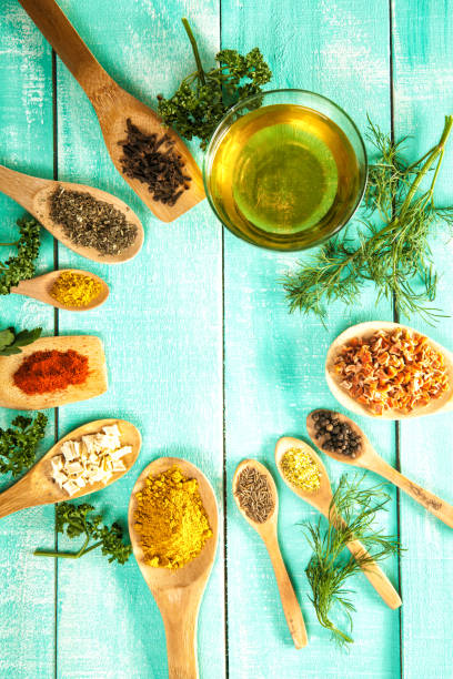 istock Various spice on wooden spoons with herbs 653258190