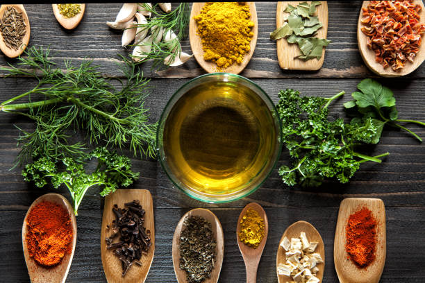 istock Various spice on wooden spoons with herbs 653258194
