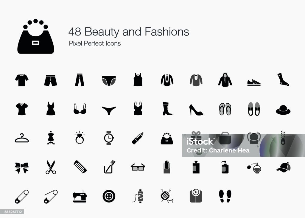 48 iconos perfecta belleza y modas Pixel - arte vectorial de Ícono libre de derechos