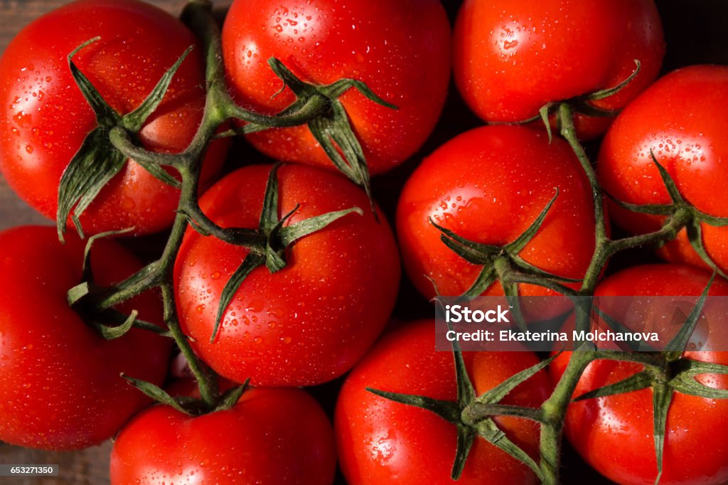 Vue de dessus de culture hydroponique de tomates cerises sur la vigne. Fond d’aliments biologiques sains. - Photo de Tomate libre de droits