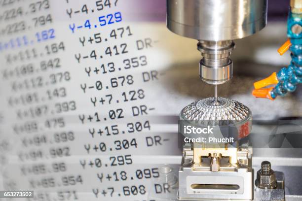 The Cnc Machine And The Nc Data Scene Use Micro Cutting Process With The Sample Part Stock Photo - Download Image Now