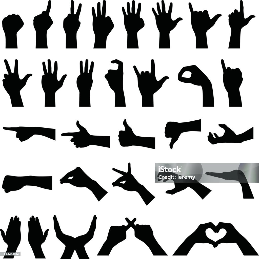 Hand Sign Gesture Silhouettes A set of various hand sign gestures and symbols to present different meanings and ideas across. In Silhouette stock vector