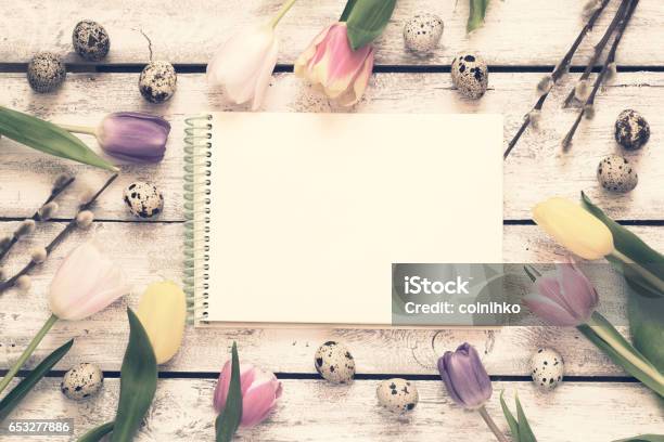 Easter Background With Tulips Eggs And Pussy Tinted Top View Stock Photo - Download Image Now