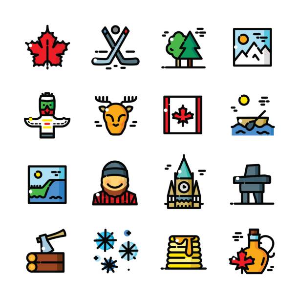 illustrazioni stock, clip art, cartoni animati e icone di tendenza di set di icone canada a linea sottile, illustrazione vettoriale - canadian flag canadian culture canada people