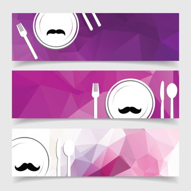 ilustrações de stock, clip art, desenhos animados e ícones de food banner concept with plate spoon knife fork and chef mustache - milk mustache