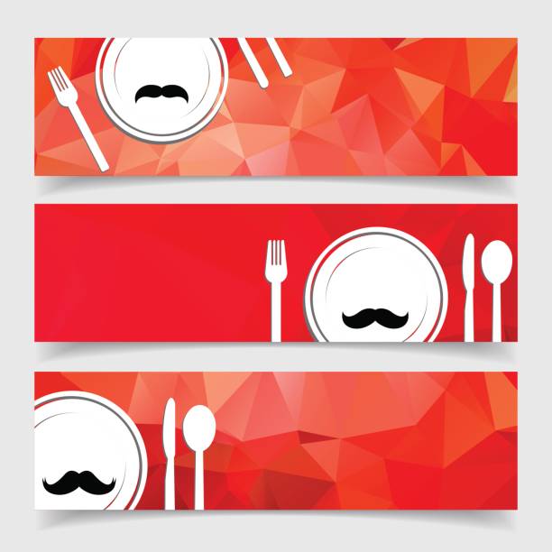 ilustrações de stock, clip art, desenhos animados e ícones de food banner concept with plate spoon knife fork and chef mustache - milk mustache