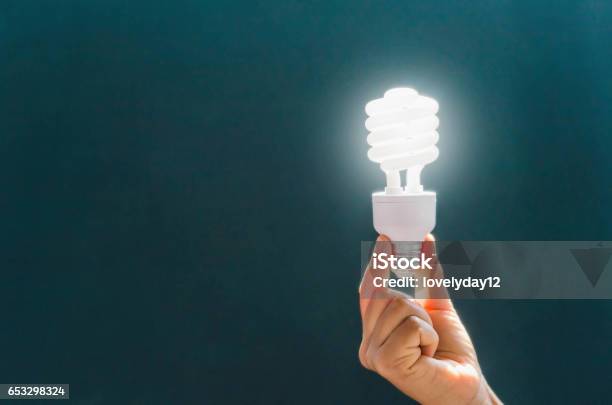 Strom Umwelt Und Ökologiekonzept Nahaufnahme Von Hand Die Energiesparende Glühbirne Stockfoto und mehr Bilder von Energiespar-Glühbirne