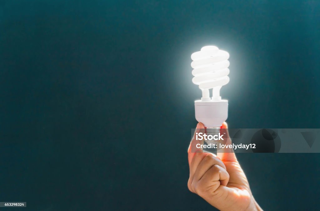 electricity, environment and ecology concept - close up of hand holding energy saving lightbulb electricity, environment and ecology concept - close up of hand holding energy saving lightbulb or lamp Energy Efficient Lightbulb Stock Photo