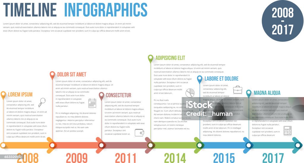 Timeline Infographics Timeline infographics template with colorful arrows, workflow or process diagram, vector eps10 illustration Infographic stock vector