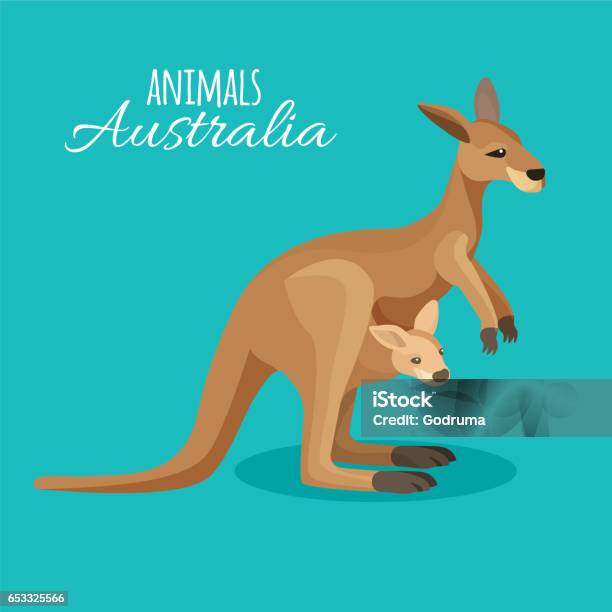 Austrastralia Kangaroo Animal Mother With Child In Pocket On Blue Stock Illustration - Download Image Now