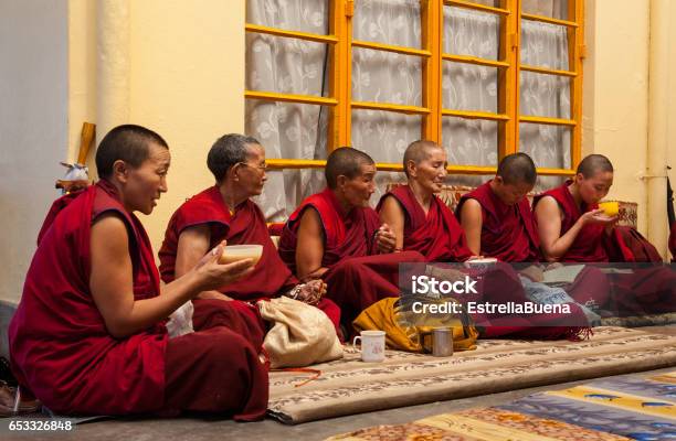 Daily Lifestyle Of The Monks In A Buddhist Monastery Traditional Tibetan Tea Prayer Stock Photo - Download Image Now