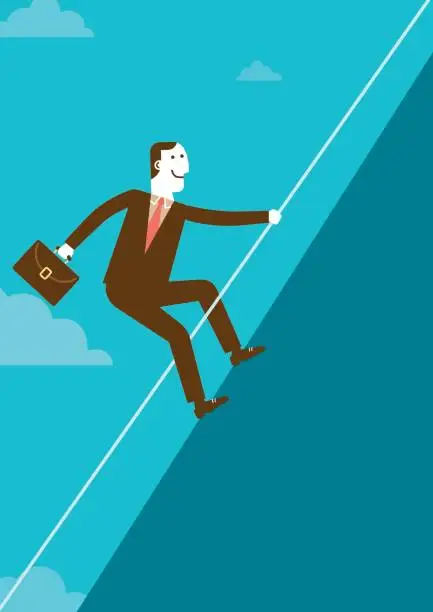 Vector illustration of Businessman Climbing Mountain with Rope | New Business Concept