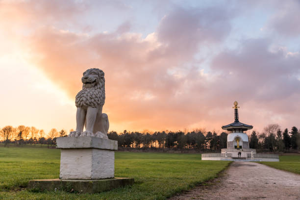 istock Landscape view Asian Monastery with Lion Statues 653329902