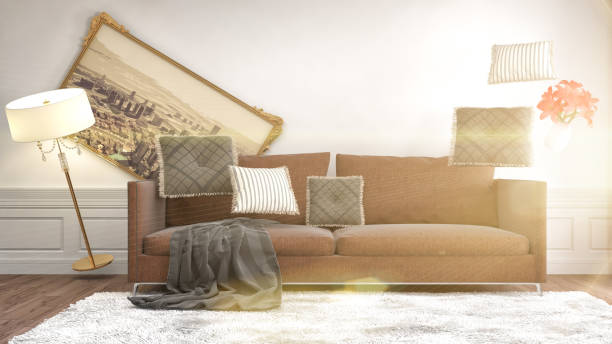 istock Zero Gravity furniture hovering in living room. 3D Illustration 653336642