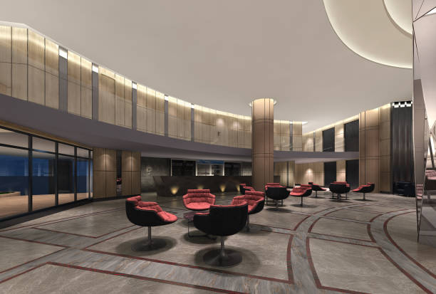 istock 3d illustration of a deluxe hotel lobby modern style 653339830