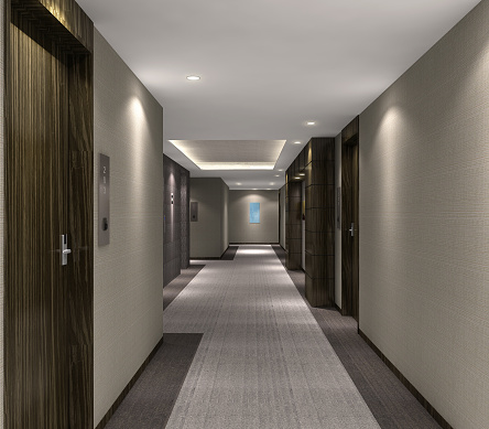 3d illustration of modern hotel corridor & wooden door