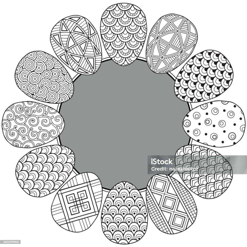 Happy easter. Round Vignette of Black and White Doodle Easter Eggs. Coloring book for adults for relax and meditation. Vector isolated Elements. Abstract stock vector