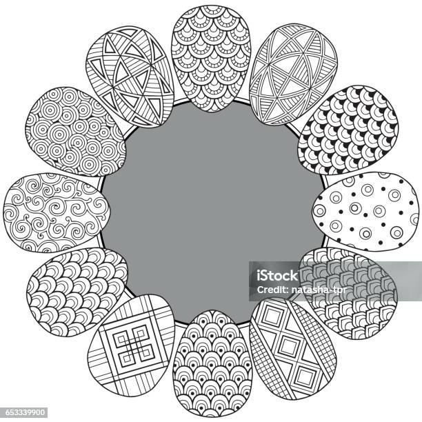 Happy Easter Round Vignette Of Black And White Doodle Easter Eggs Stock Illustration - Download Image Now