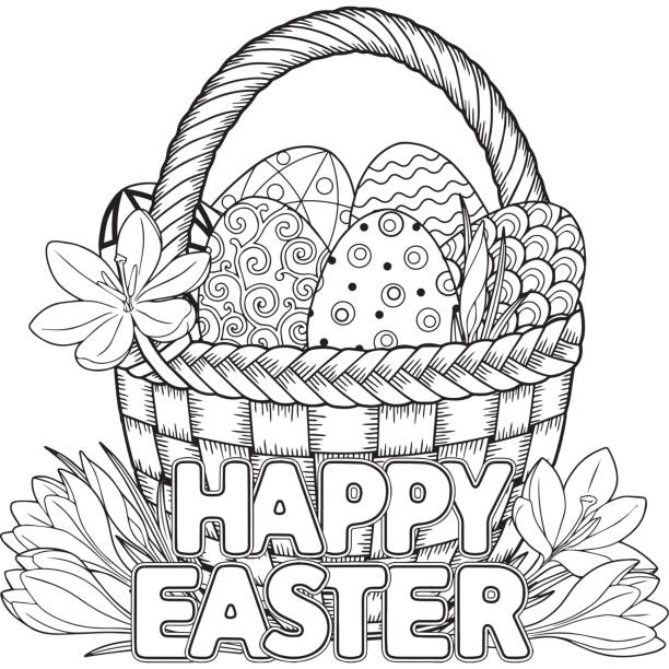 Happy Easter. Black and White Doodle Easter Eggs in the basket. Coloring book for adults for relax and meditation. Vector isolated Elements. easter egg coloring stock illustrations