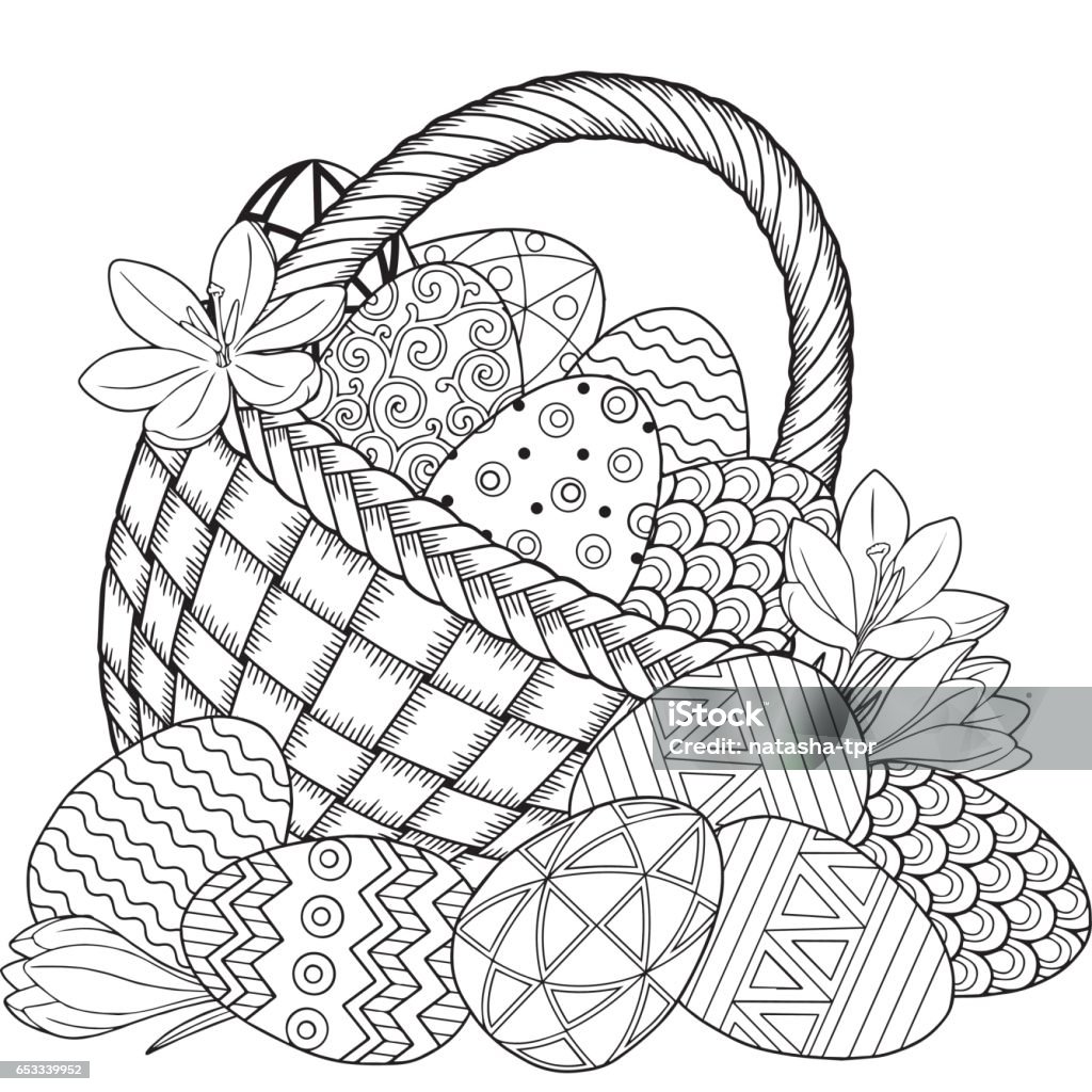 Happy Easter. Black and White Doodle Easter Eggs in the basket. Coloring book for adults for relax and meditation. Vector isolated elements Coloring stock vector