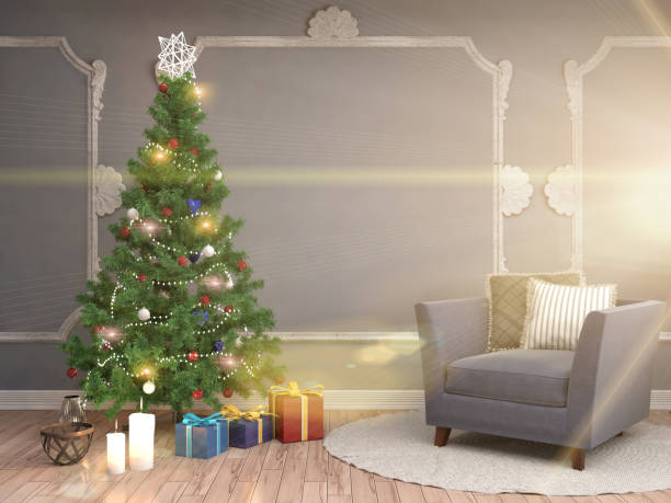 istock Christmas tree with decorations in the living room. 3d illustration 653344802