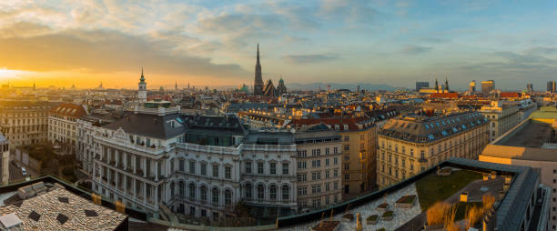 Vienna skyline at sunset Vienna skyline panorama at sunset austrian culture photos stock pictures, royalty-free photos & images