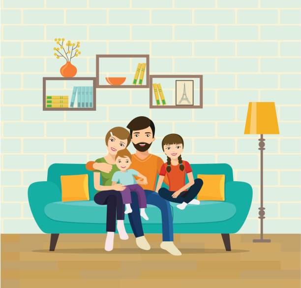 illustrazioni stock, clip art, cartoni animati e icone di tendenza di stampare - people living room mother son