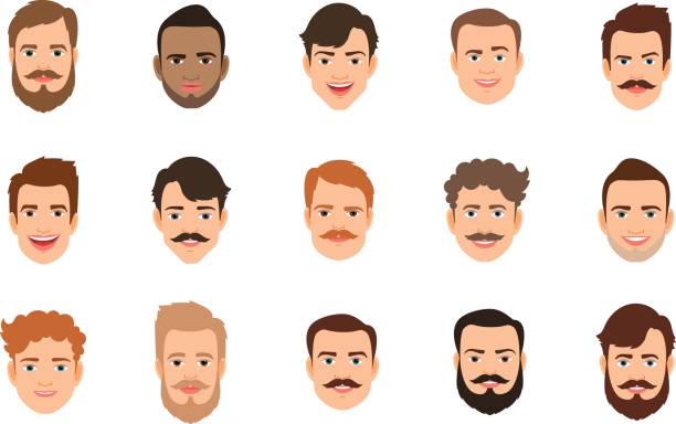 ilustraciones, imágenes clip art, dibujos animados e iconos de stock de retrato masculino con varios peinados - barba pelo facial