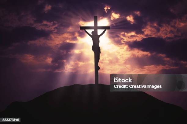 Christian Cross On Hill At Sunrise Stock Photo - Download Image Now - Jesus Christ, Religious Cross, Crucifix