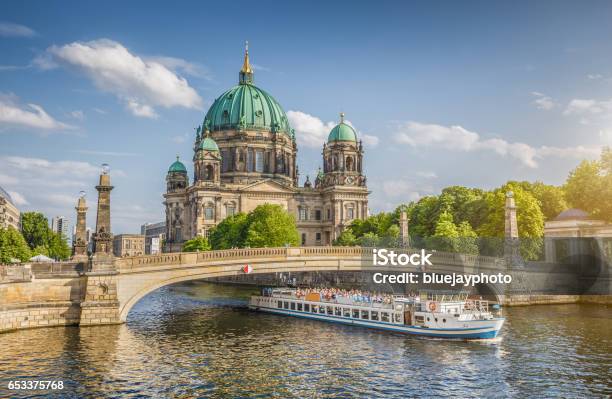 Berlin Cathedral With Ship On Spree River At Sunset Berlin Germany Stock Photo - Download Image Now