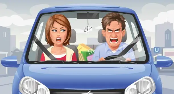 Vector illustration of Couple Arguing In A Car
