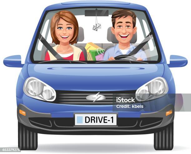 Couple Driving In A Blue Car Stock Illustration - Download Image Now - Car, Driving, Front View