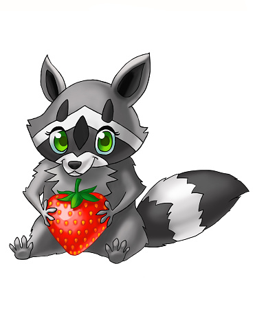 Little raccoon loves to eat strawberries.