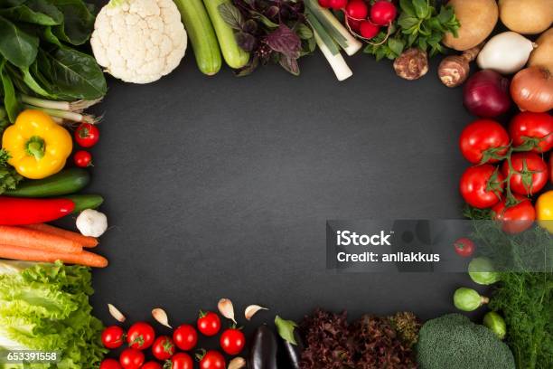 Fresh Organic Vegetables On Blackboard Stock Photo - Download Image Now - Vegetable, Fruit, Chalkboard - Visual Aid