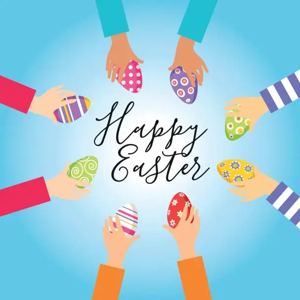 Vector illustration of Children hands with Easter eggs