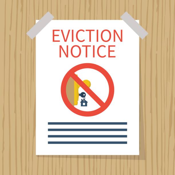 Eviction notice, vector Eviction notice, white sheet on wall. Stop sign at the entrance. Key in keyhole on door prohibited. Do not open the door. Form vector illustration flat design. Isolated background. us recession stock illustrations