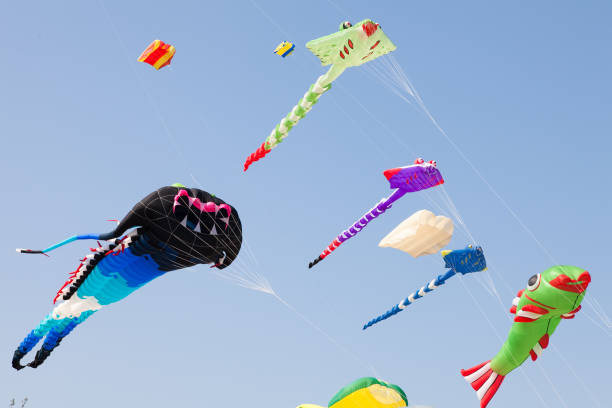 istock Various colorful kites flying in blue sky. Stingrays, Koi fish and others. 653406136