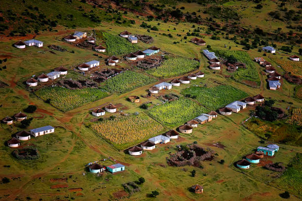 An aerial photo from a helicopter of a African village in the Eastern Cape, South Africa the birth place of Nelson Mandela.