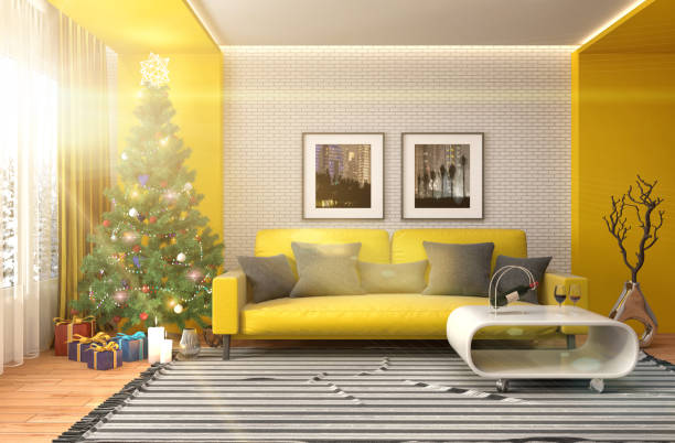 istock Christmas tree with decorations in the living room. 3d illustration 653432036