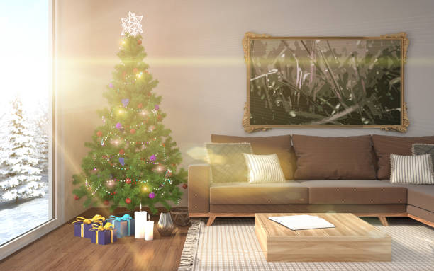 istock Christmas tree with decorations in the living room. 3d illustration 653432084