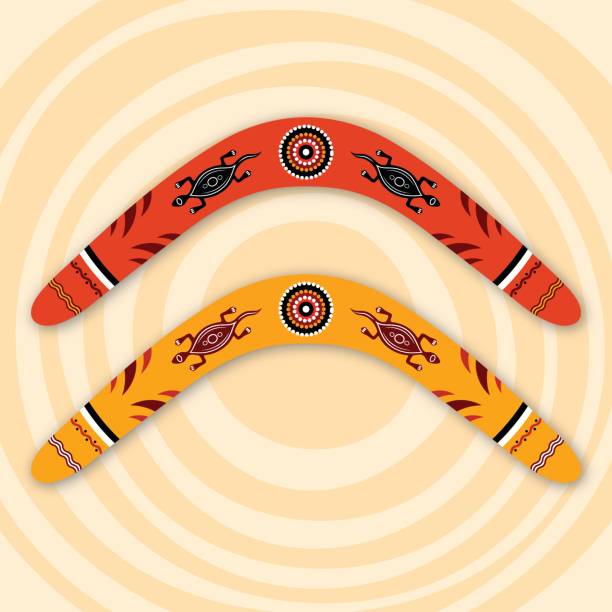 Boomerangs vector illustration. Boomerangs isolated on beige background with circles. Tribal style. Australian style. Vector illustration. boomerang stock illustrations