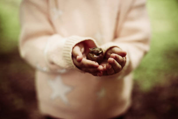 Little girl holding snail.