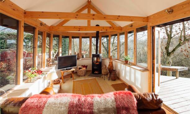 Log Cabin Living Room Interior shot of a log cabin living room. modern cottage interior design stock pictures, royalty-free photos & images
