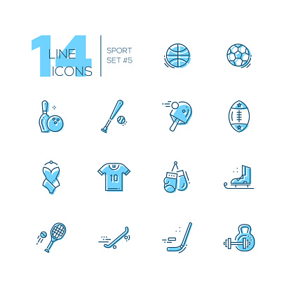 Kinds of sport - modern vector line design icons set with accent color. Basketbal, football, bowling, baseball, ping-pong, rugby, swimming, t-shirt, boxing, skating, tennis skate boarding hockey weight lifting. Material design concept symbols