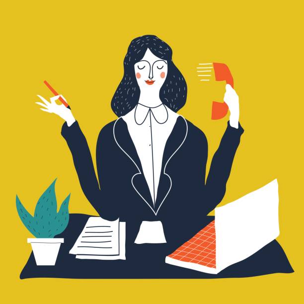 personal assistant Female personal assistant cute vector illustration. Young office manager multi-tasking. Cartoon business lady illustration. The secretary holding telephone and pen. secretary stock illustrations
