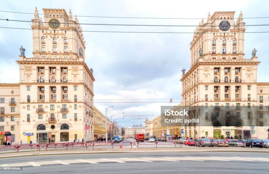 Minsk. Gates of the city BELORUSSIA, MINSK - March 11.2017: Two houses on Kirov Street. Gates of Minsk Architecture Stock Photo